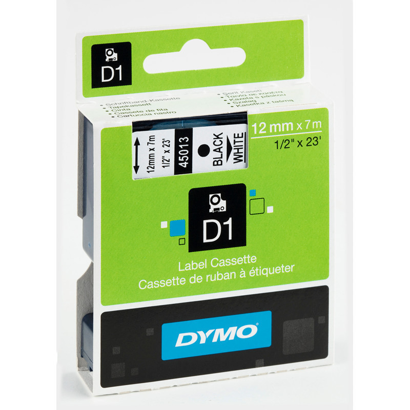 D1-Tape, til Dymo labelmaskiner 12 mm sort skrift / hvid bund.